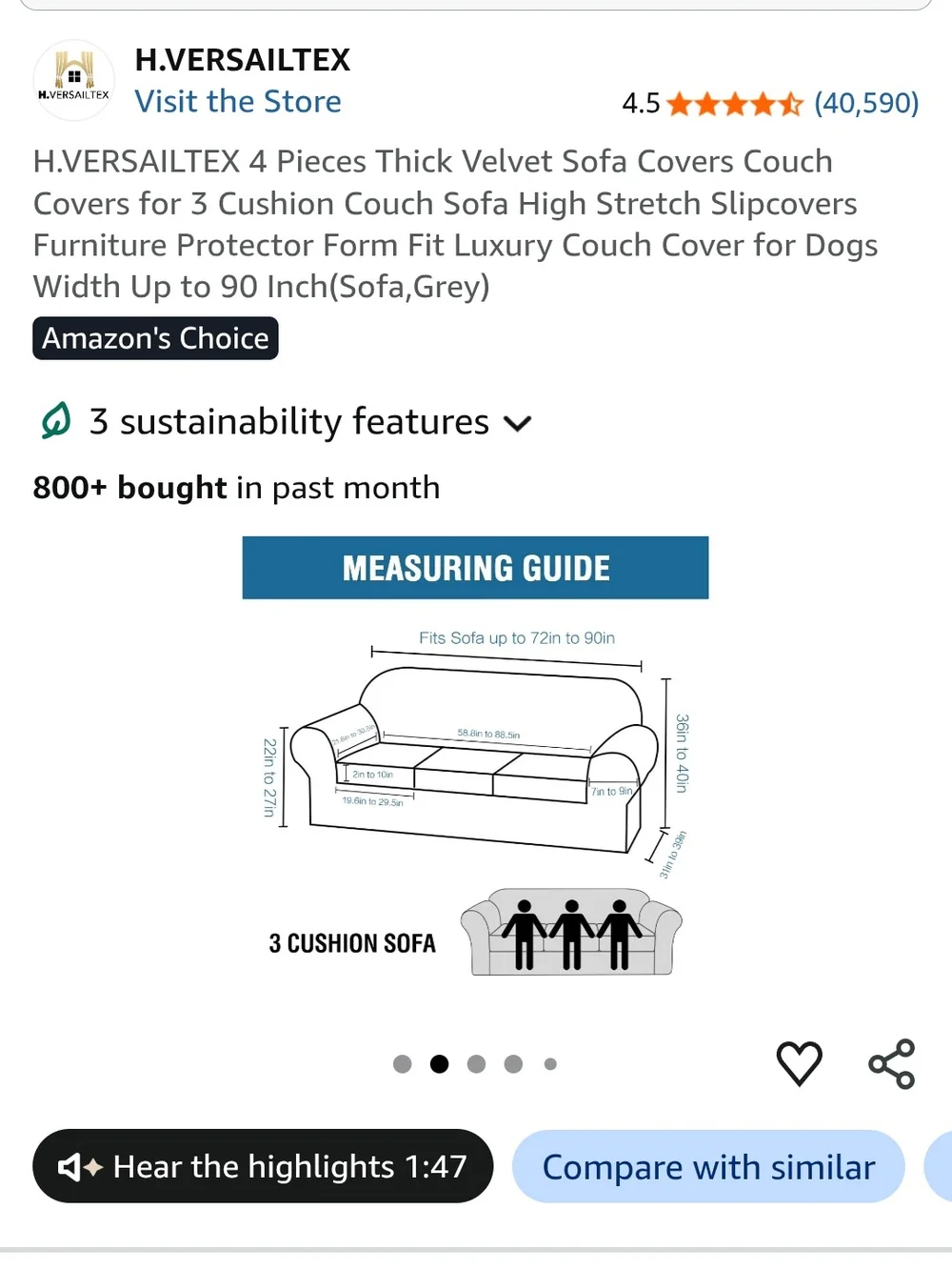H.Versailtex Gray Couch Cover